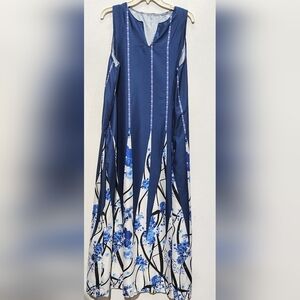 Sleeveless Navy Blue Floral Print Maxi Dress